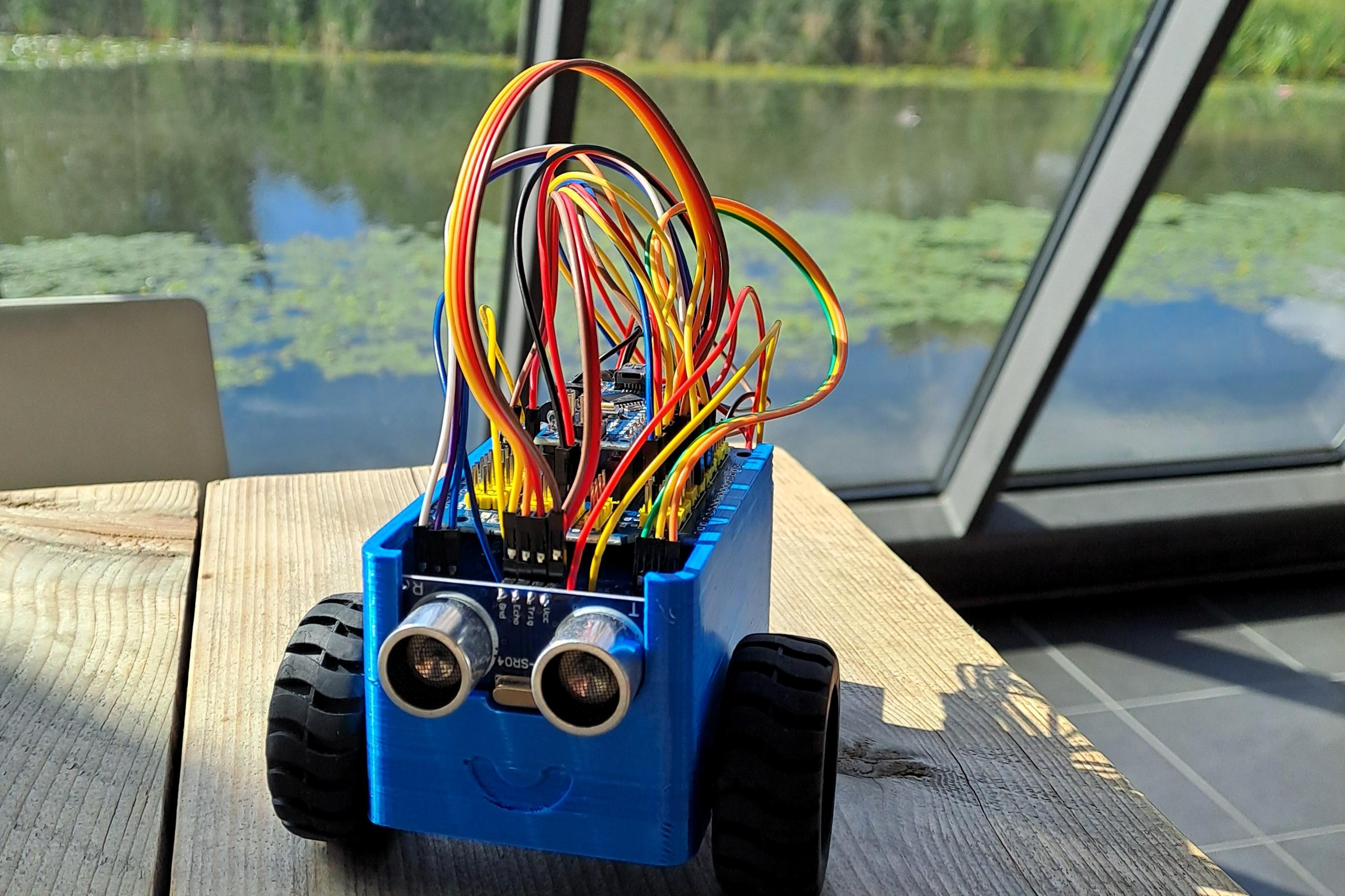 Es ist ein 3D-gedruckter kleiner Roboter aus dem viele bunte Kabel hervorkommen vor einer Glasfront mit Blick auf einen See zu sehen.