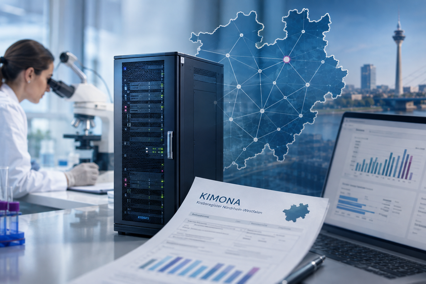 Computer, Dkument, Frau am Mikroskop