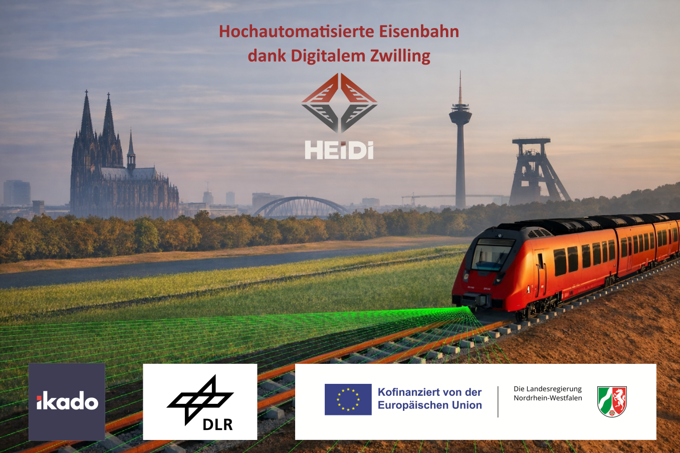 KI-gneriertes Bild eines Zugs vor dem Hintergrund nordrhei-westfälischer Wahrzeichen (Kölner Dom, Zeche Zollverein, Fernsehturm Düsseldorf, Rheinbrücken)