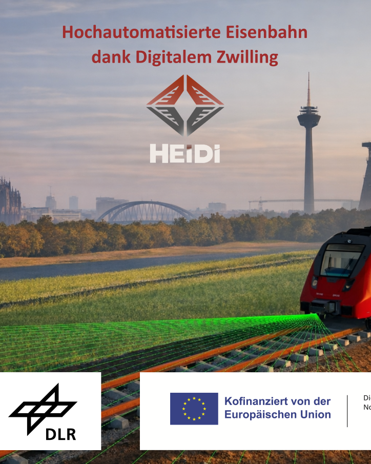 KI-gneriertes Bild eines Zugs vor dem Hintergrund nordrhei-westfälischer Wahrzeichen (Kölner Dom, Zeche Zollverein, Fernsehturm Düsseldorf, Rheinbrücken)
