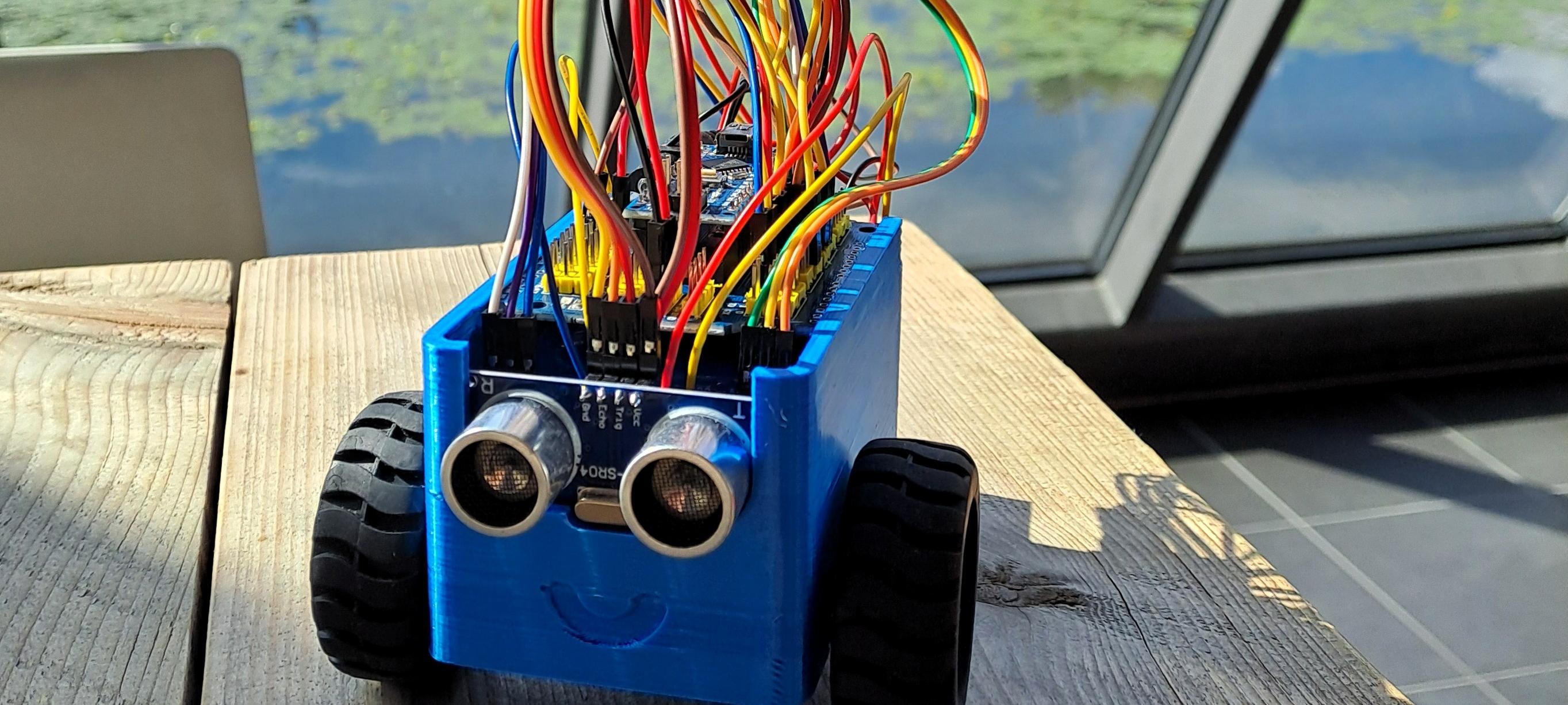 Es ist ein 3D-gedruckter kleiner Roboter aus dem viele bunte Kabel hervorkommen vor einer Glasfront mit Blick auf einen See zu sehen.