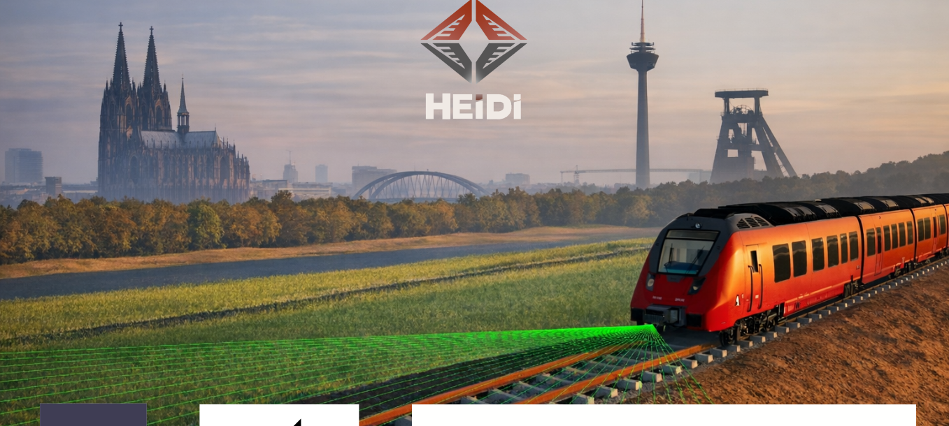 KI-gneriertes Bild eines Zugs vor dem Hintergrund nordrhei-westfälischer Wahrzeichen (Kölner Dom, Zeche Zollverein, Fernsehturm Düsseldorf, Rheinbrücken)