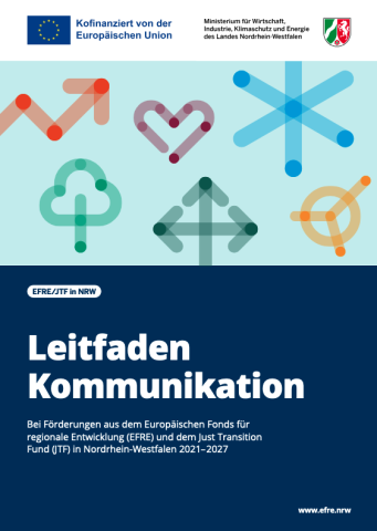 Titelseite mit Text "Leitfaden Kommunikation" und Pfeilen, Herz, Stern, Baum und Kreis als Illustration